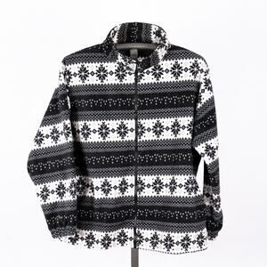 Women's Black & White Fair Isle Snowflake Cozy Fleece Jacket SZ MEDIUM Full Zip